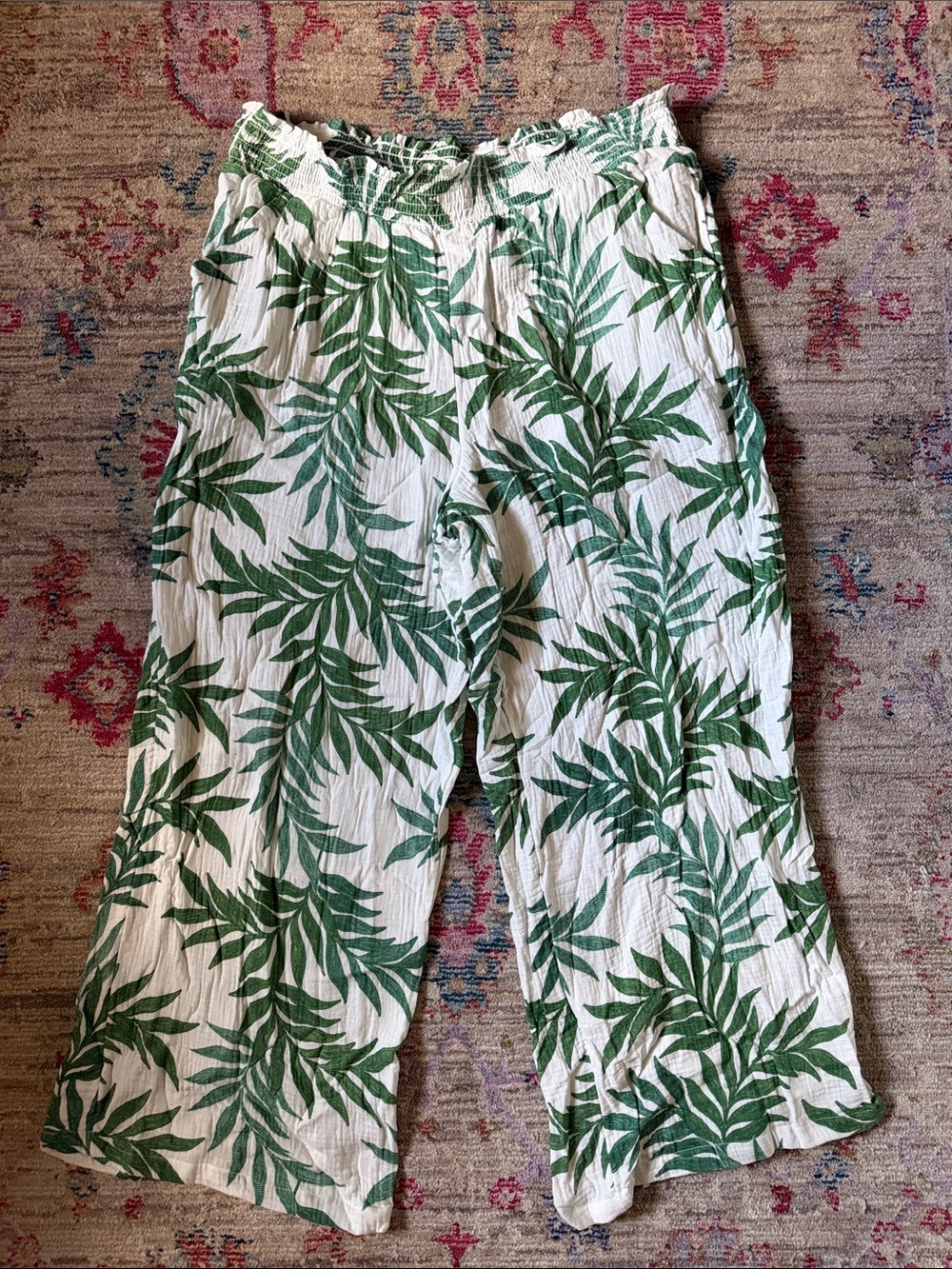 Wide Leg Palm-Print Women's Pants - Green/White